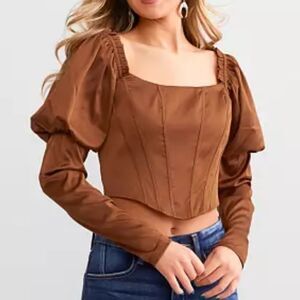 Papermoon Buckle Puff Sleeve Satin Copper Corset Cropped Top M NWT $43